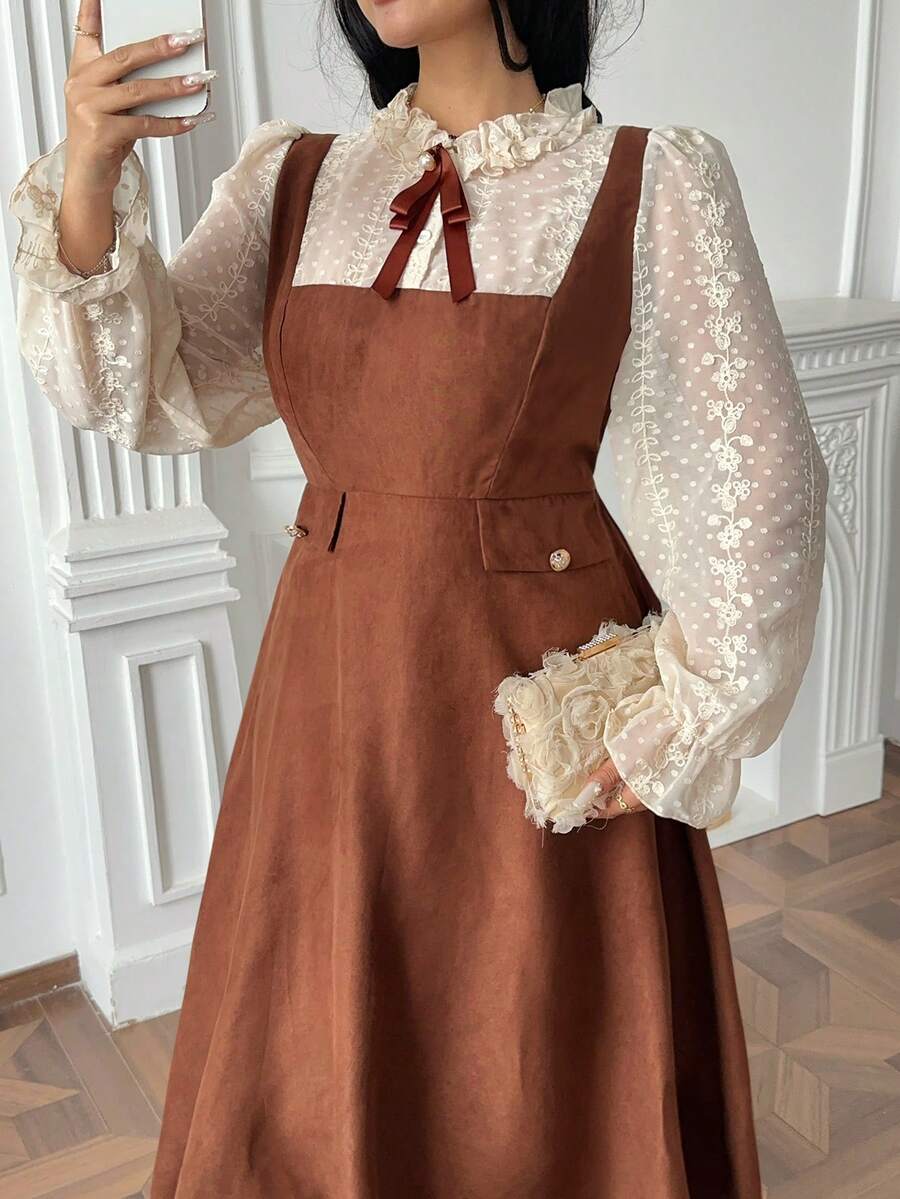 Vibekara Đầm dáng chữ A dài ngang gối, cổ đứng, viền bèo nhún, cài khuy nửa mở dành cho nữ cỡ lớn, chất liệu da lộn màu be và nâu, kiểu boho vintage, phong cách cung đình. - màu nâu - Xem 1