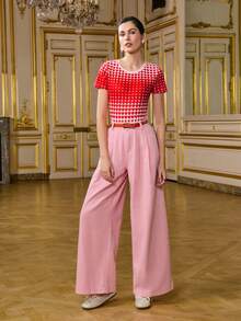 LOTSLUV 女士粉色和红色渐变爱心印花圆领短袖针织修身连体衣，情人节 - 粉色 - 查看 5