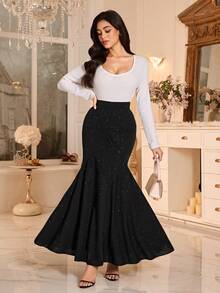 Modelyn 高腰修身鱼尾亮片装饰女式半身裙 - 黑色 - 查看 3