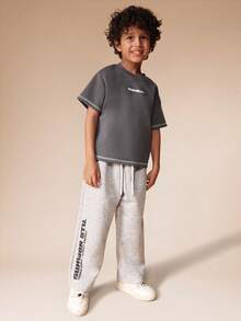 SUMWON Boys Short Sleeve Crew Neck T-Shirt And Drawstring Jogger Set With Contrast Stitching And Brand Print Casual Vacation - Dark Grey - View 7