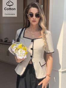 Elyressa Áo blazer dáng ôm, cổ vuông, tay ngắn, chất liệu pha vải lanh, phối màu, có cúc cài, cổ áo vuông, trang trí. - Màu Khaki - Xem 4