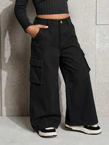 Young Girl' Camouflage & Branch Print Loose Fit Denim Pants - Black - View 4