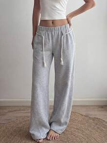 Flirla 女士灰色筒状裤腿褶裥抽绳斜插口袋运动裤，低腰，秋冬时尚，适合教师、学生、毕业典礼、休闲、街头风、日常穿着，简约百搭 - 灰色 - 查看 5