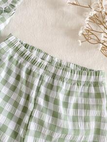 SHEIN Vintaside Kids 女婴两件套，可爱时尚的浅绿色格子无袖上衣和裤子，学院风春夏装 - 綠色 - 查看 10