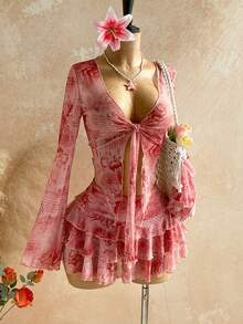 Soleia 女士复古花卉字母印花长袖系带罩衫+迷你裙两件套，休闲装，适合度假、约会、下午茶、海滩、邮轮、城市旅行、音乐节、派对、波西米亚风、嬉皮风、西部风、日常通勤等场合。 - 粉色 - 查看 6