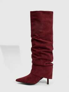 Daringsoles Autumn/Winter New Slim Leg Boots, Pointed Toe, Slim Heel, Mid-Calf Boots, Simple & Versatile Brown Style - Rose Red - View 4