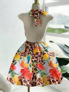 Sweetra Plus Size Halter Tie-Up Allover Print Sexy Vacation Dress - Multicolor - View 2