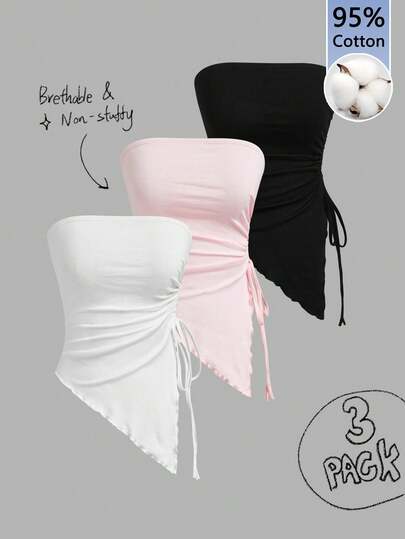 SHEIN MOD paquete de 3 tops tipo bustier de mujer con 95% algodón, con pliegues en la cintura atados a los lados, en colores negro, blanco y rosa. Tops tubo perfectos para vacaciones de verano, salir, festivales occidentales, escuela, estilo retro vintage Y2K, look suave y limpio de chica, Gen Z, vibes de chica de isla, escapada a la playa, vacaciones románticas, primavera y uso casual.