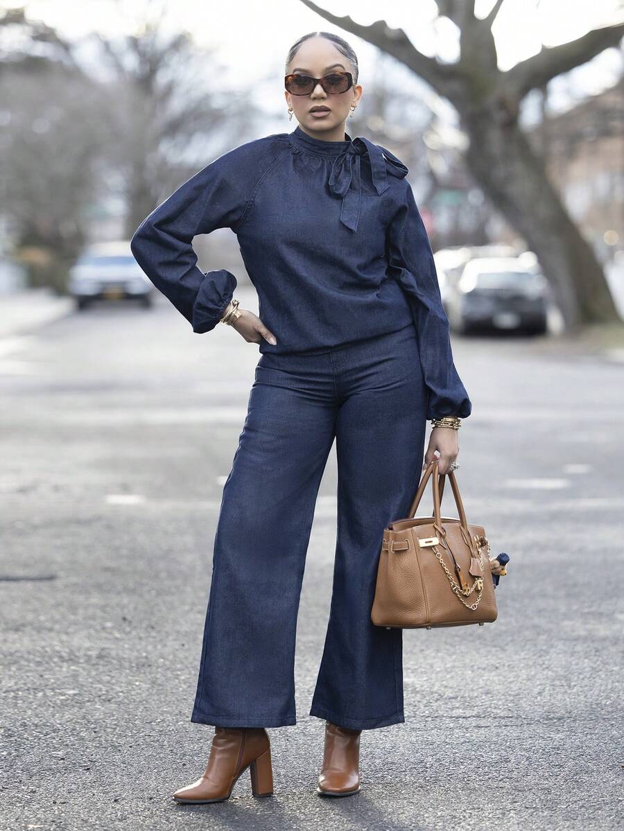 Melissa Matos Women's Summer Tie Front Long Sleeve Top And Casual Denim Pants Set - Blue - View 1