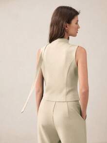 xheBizChic Chaleco con cuello en V, recorte de encaje, parche delantero con botones y cintura con lazo, elegante para oficina y uso diario para mujeresxhe - Albaricoque - Ver 2
