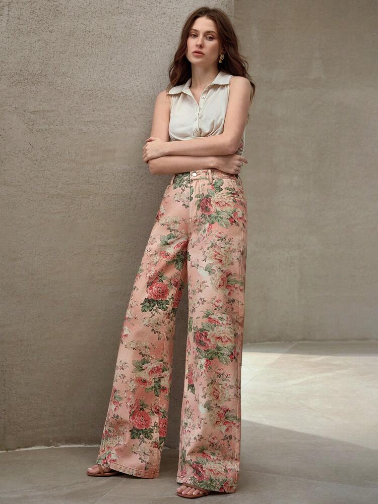 FLORAL PRINT WIDE LEG JEANS