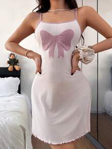 Dream Adore Đầm ngủ hai dây màu hồng thêu họa tiết nơ, chất liệu jacquard, màu mơ, dành cho nữ. - Màu be - Xem 5
