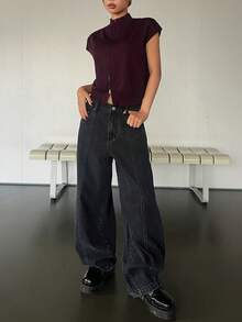 Livesso Women's Spring/Summer Red Knit Sleeveless Cardigan, Loose Business Casual Fashion Office Wear Design Vest - Burgundy - View 4