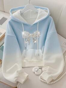 Resyla Elegant Bow Sequin Crafted Minimalist Autumn/Winter Women's Regular Hooded Long Sleeve Sweatshirt, Farewell To Friends - White - View 4