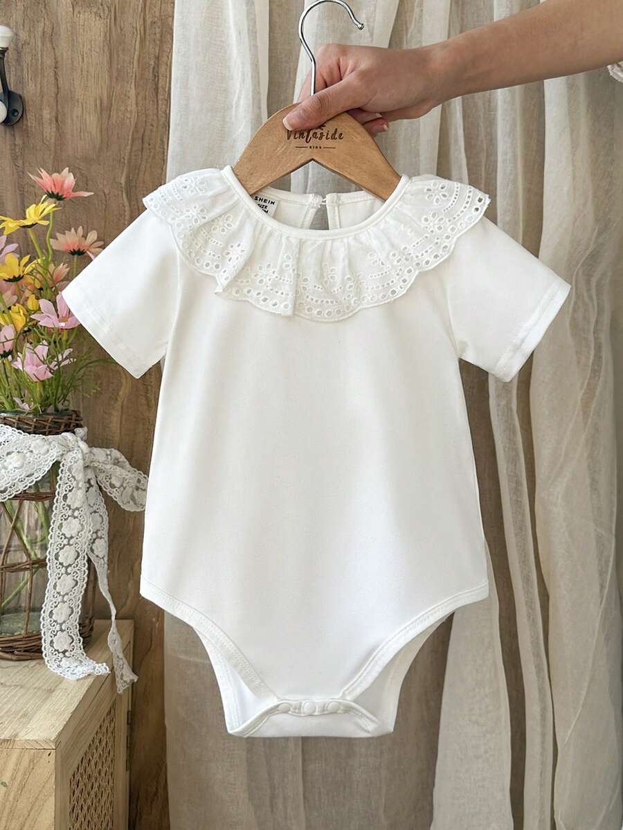 Vintaside Kids Baby Girl Summer Short Sleeve Round Neck Drip Button Simple Casual Bodysuit, Suitable For Daily Leisure, Travel, Camping - White - View 1