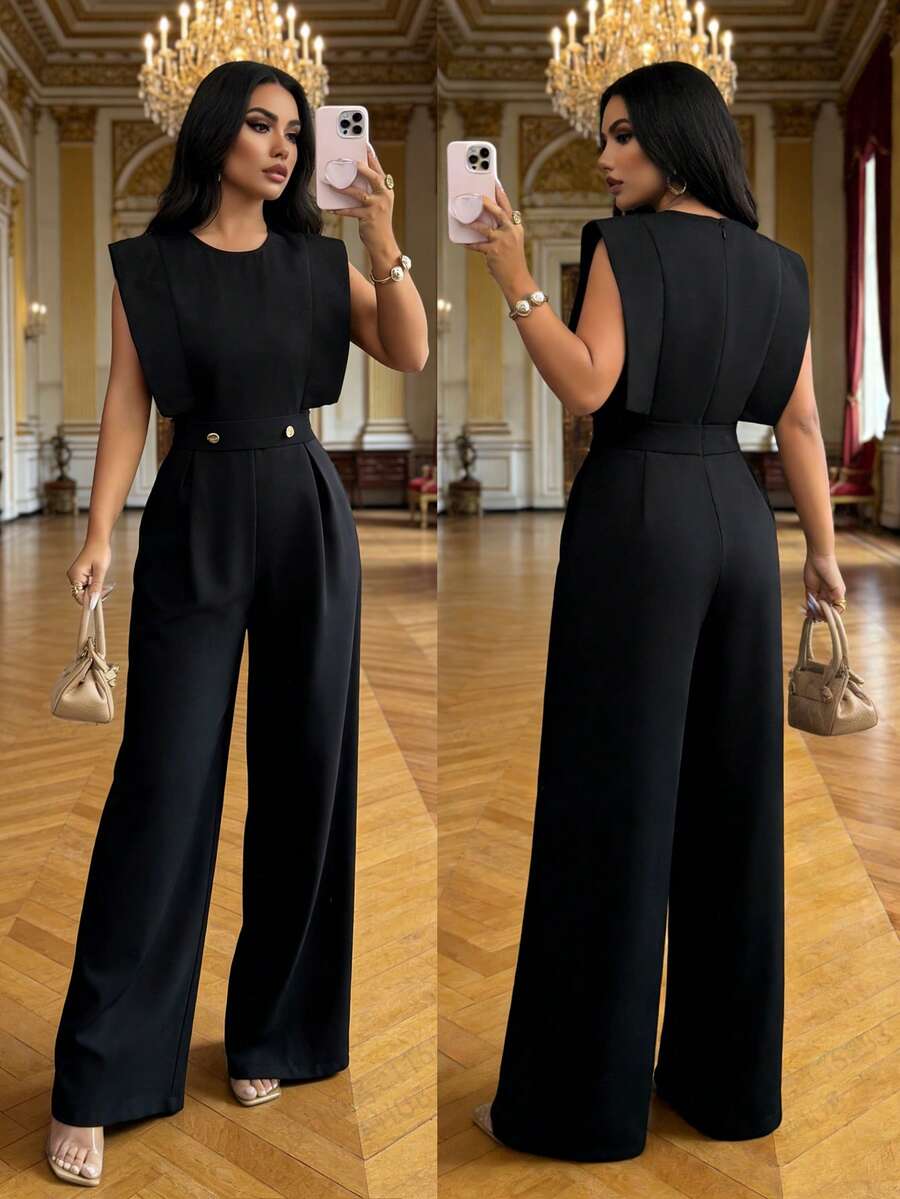 Rafferiza Women's Black Sleeveless Jumpsuit, Black Trousers, Black Jumpsuit, Sleeveless Jumpsuit, Round Neck Jumpsuit, Women's Elegant Jumpsuit, Women's Casual Jumpsuit, Everyday Commuter Jumpsuit, Fashionable And Versatile Jumpsuit - Black - View 1