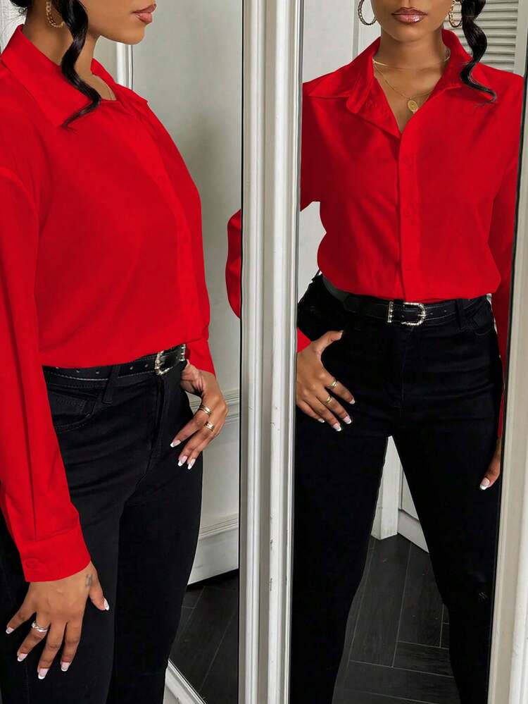 Airaco Camisa de manga larga con botones y estampado, de corte holgado, tipo body para mujer - Rojo - Añade 3