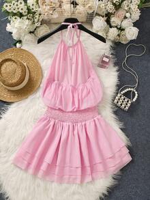 Franclia Women's Elegant Faux Pearl Beaded Ruched Halter Neck Dress, Summer - Pink - View 2