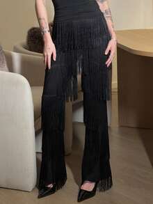 Abrilcols 流蘇邊喇叭褲 - 黑色 - 查看 5