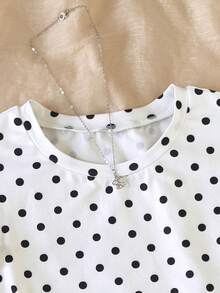 SHEIN 少女休闲圆领波点短袖T恤 - 黑與白 - 查看 2