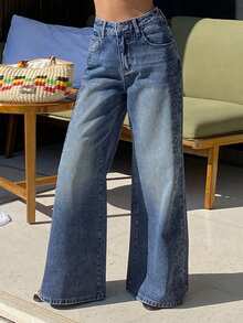 DAZY 女士常规腰围水钻装饰喇叭牛仔裤，性感休闲裤 - 中等水洗藍 - 查看 4