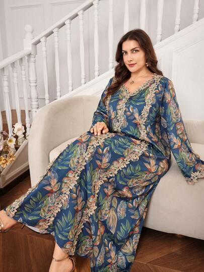 Al Najma Floral Print Patchwork Hem Relaxed Elegant Traditional Long Sleeve V-Neck Loose Plus Size Arabic Maxi Dress
