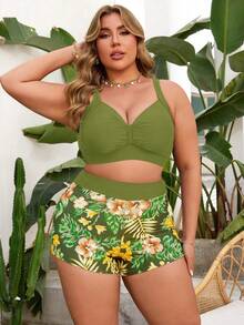 Swim Lushoire 大码两件套V领抽绳纯色吊带泳衣套装，含短裤，适合泳池、海滩、度假穿着。 - 綠色 - 查看 5