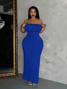 Slaydiva 加大码性感宝蓝色长款修身针织连衣裙，无袖抹胸铅笔裙摆性感蓝色连衣裙 - 寶藍色 - 查看 3