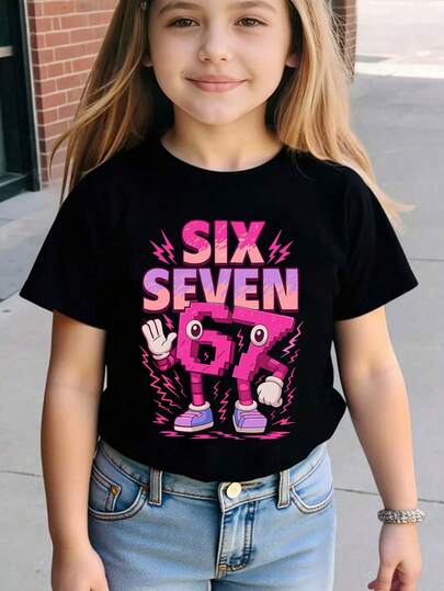 Girls Casual Minimalist "67" Graphic Print Short Sleeve Round Neck T-Shirt, Suitable For Outings, Black Short Sleeve Top "Six Seven" Top, Suitable For Summer And All Seasons
