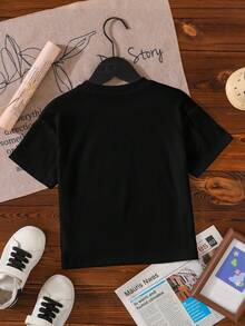 SHEIN GraphicGems Girls Casual Minimalist "67" Graphic Print Short Sleeve Round Neck T-Shirt, Suitable For Outings, Black Short Sleeve Top "Six Seven" Top, Suitable For Summer And All Seasons - Black - View 2