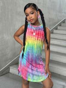 SHEIN 少女休闲街头风扎染印花圆领前短后长无袖连衣裙 - 彩色 - 查看 7