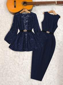 GlowEve CURVE Stylish Navy Blue Knitted Two Piece Set For Women Elegant Regular Sleeve Jacket And Bodycon Skirt With Plant Pattern - Navy Blue - View 1