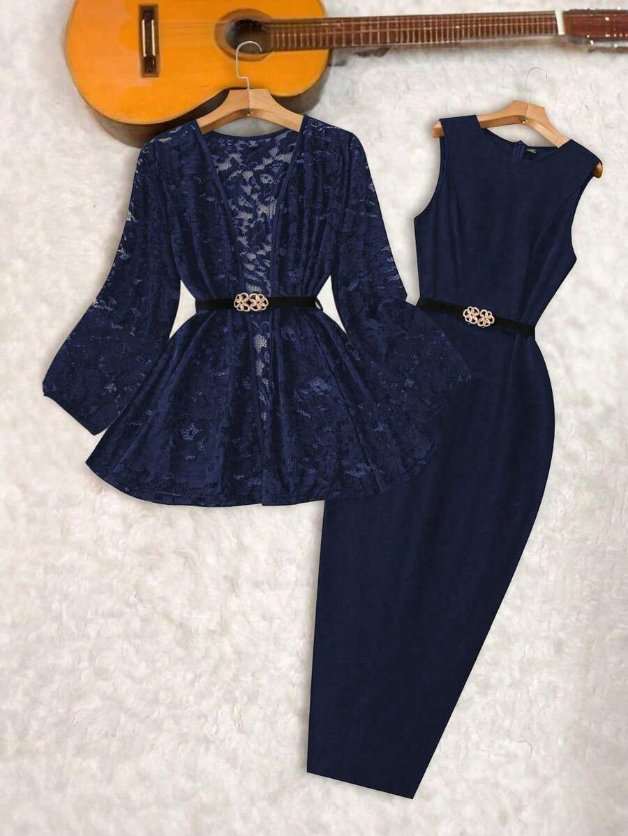 GlowEve CURVE Stylish Navy Blue Knitted Two Piece Set For Women Elegant Regular Sleeve Jacket And Bodycon Skirt With Plant Pattern - Navy Blue - View 1