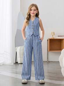 SHEIN Tween Girls' Casual Vacation Striped Vest And Wide Leg Pants 2 Pieces Set - Blue and White - View 1