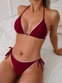 Swim Vcay 两件套女士极简性感蕾丝边三角比基尼套装，带挂脖系带 - 酒紅色 - 查看 1
