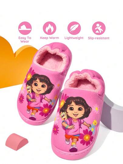 DORA | SHEIN Cute Cartoon Pink Girls Children's Grip-Enhancing Indoor Slippers Toddlers & Kids Soft Plush Warm Winter House Shoes, Lightweight And Durable EVA Sole, Home Bedroom Air-Conditioned Room Spring, Autumn And Winter Flowers
