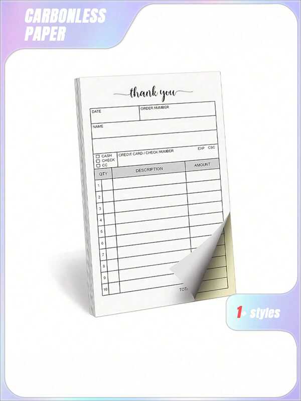 1pc Order Book & 2 Partial Carbonless Papers - Orders, Small Business Invoice Book - (50 Sheets Each, White/Yellow)