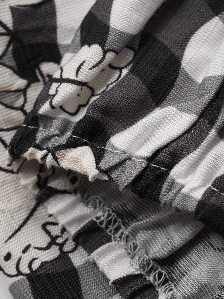 Plaid & Floral All-Over Print Loose Women Pajama Bottoms