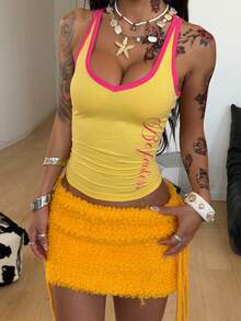 Coolane Áo tank top dáng ôm, cổ chữ V, màu hồng phối vàng, phong cách thường ngày, thích hợp đi nghỉ mát mùa hè. - Màu vàng - Xem 2