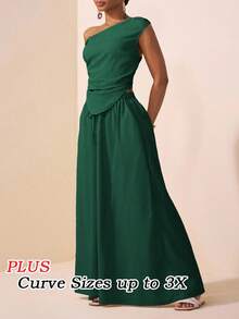 Veslaya 春夏初秋新款，适合圣帕特里克节、生日派对、毕业季、教师节、日常休闲、度假、邮轮旅行、海滩、日光浴、潮流、通勤、早午餐、机场穿搭，女士大码不对称肩部设计褶皱下摆露脐上衣和阔腿裤两件套，纹理面料，夏季穿搭 - 墨綠色 - 查看 4