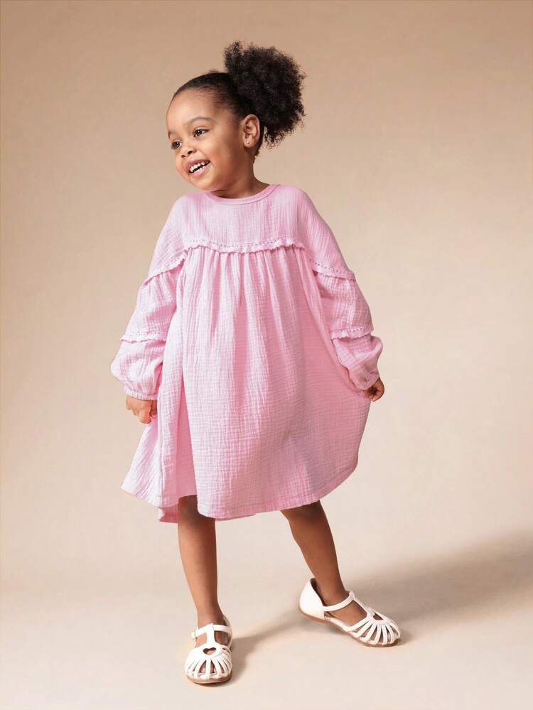 Ruffle Detail A-Line Dress With Long Sleeves