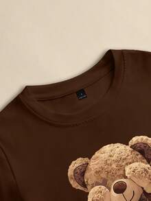 Resyla 2pcs Women Summer Casual Bear Print Round Neck Short Sleeve T-Shirt And Striped Pants Set - Brown - View 4