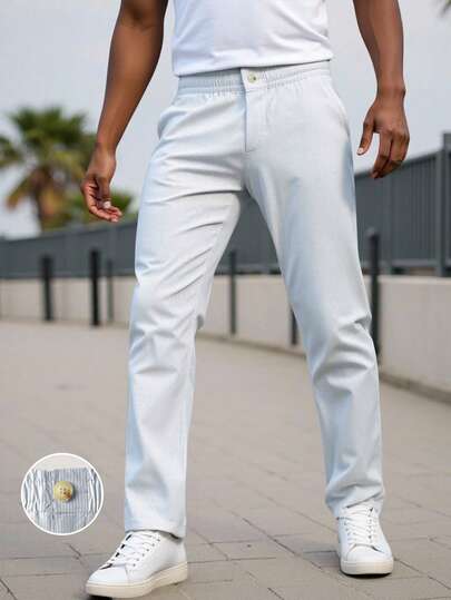 Manfinity Mode Men's Straight Leg Pants, Casual Daily Striped Trousers, American Casual Striped Men's Pants, Made With Straight Cut Striped Pattern, Partially Elastic Waist For Comfortable Wear