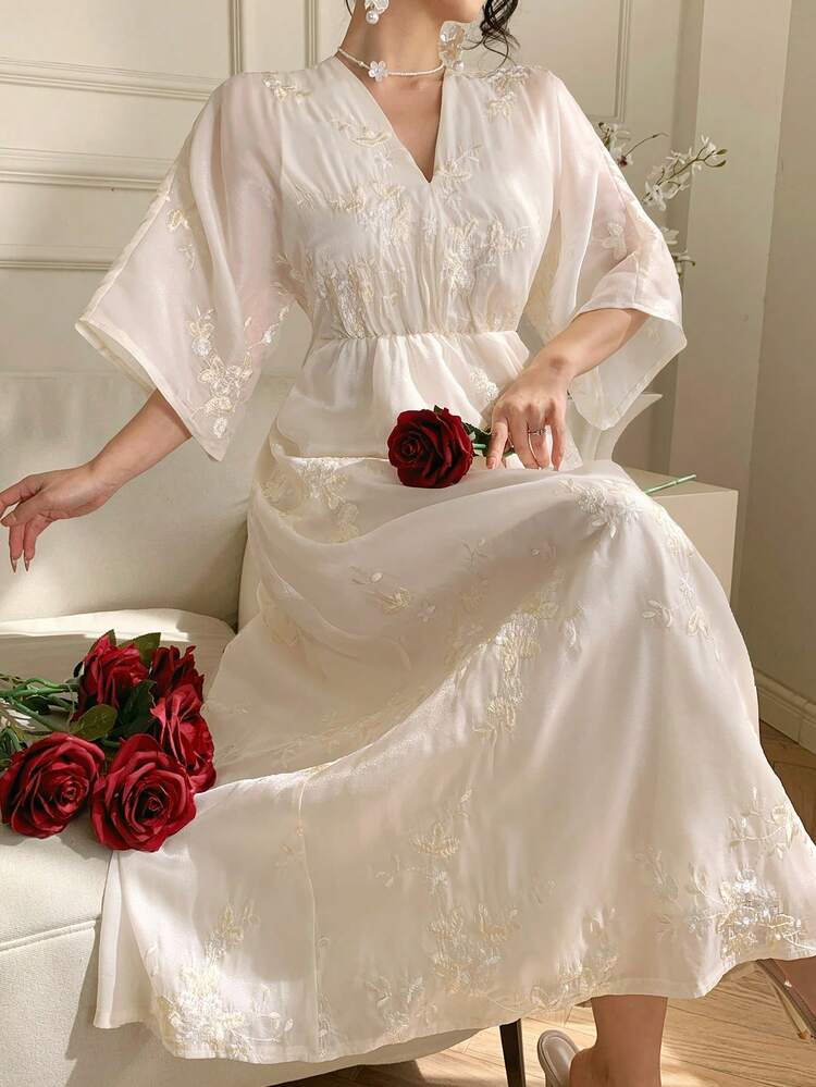 Women's V-Neck Short Sleeve Floral Embroidered Waist Cinched Dress, Elegant Sundress