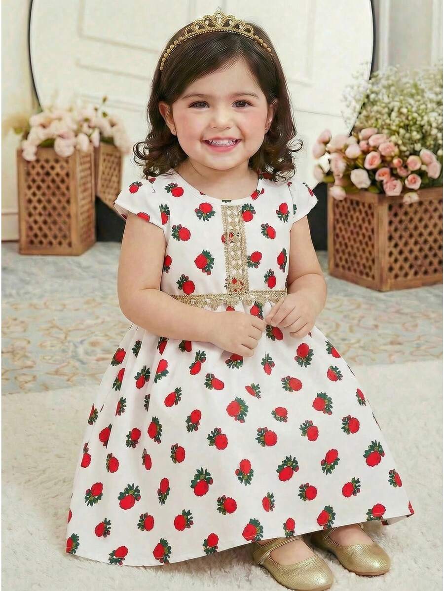 SHEIN Adorable Baby Girl Strawberry Print Flounce Sleeve Ruffle A Line Short Dress White,Summer,Cute,First Birthday Baby Girls Multicolor Party Dress - Multicolor - View 1