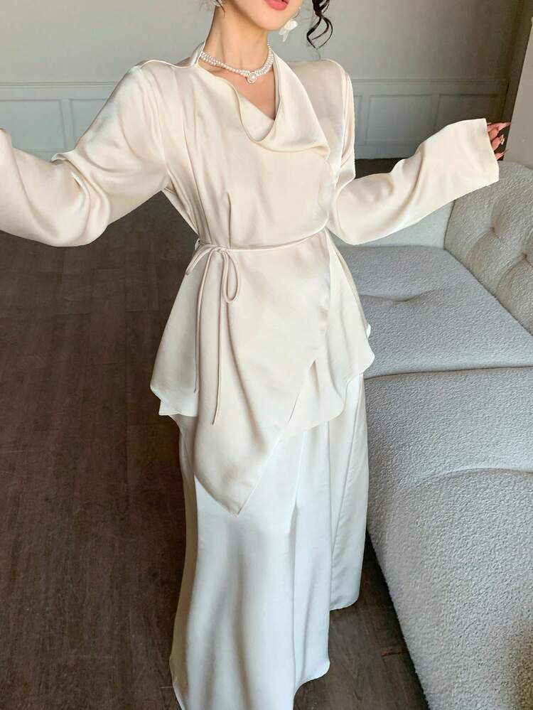 Women's Satin Wrap Draped Neck Cinched Waist Top And Spaghetti Strap Maxi Dress Elegant 2-Piece Set