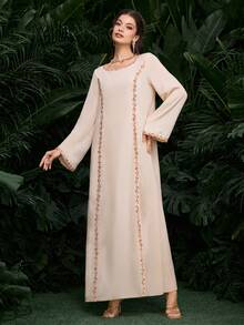 Modelyn Arabian Light Pink Patchwork Lace Straight Loose Traditional Robe Dress - Pink - View 8