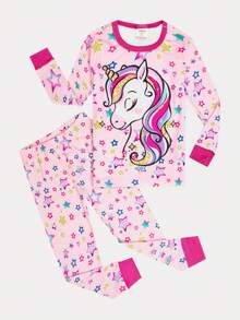 SHEIN Young Girl Unicorn Print Contrast Binding Snug Fit PJ Set - Pink - View 2