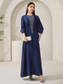 Veilorie Đầm Ả Rập dài tay cổ tròn thêu họa tiết thanh lịch dành cho nữ - Màu xanh hải quân - Xem 4