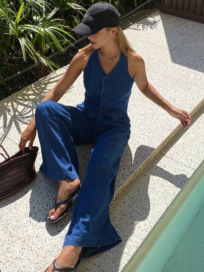 DAZY Stylish V-Neck Vest, Denim Blue Blazer, Wide-Leg Pants Women's Suit Set, Summer